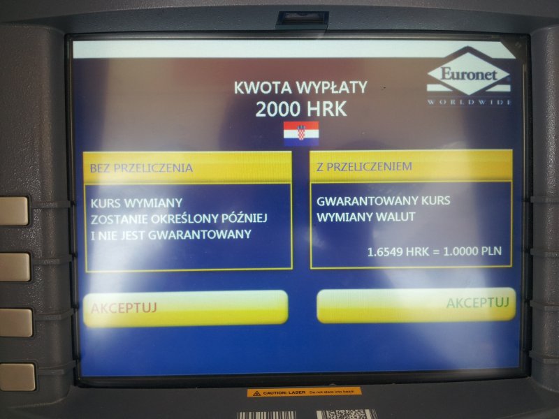 Wypłata Chorwackich Kun z bankomatu Euronet w Chorwacji